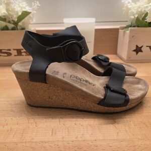 Birkenstock Papillio Soley Wedge Sandals Black Leather Womens Size EU 36